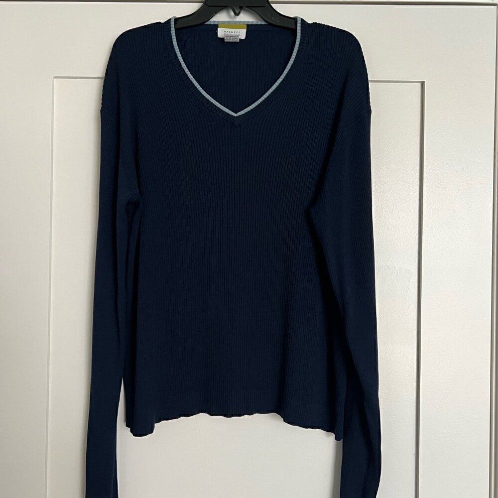 Barneys New York Long Sleeve V Neck Pullover Knit Sweater Silk Blend Navy Sz L